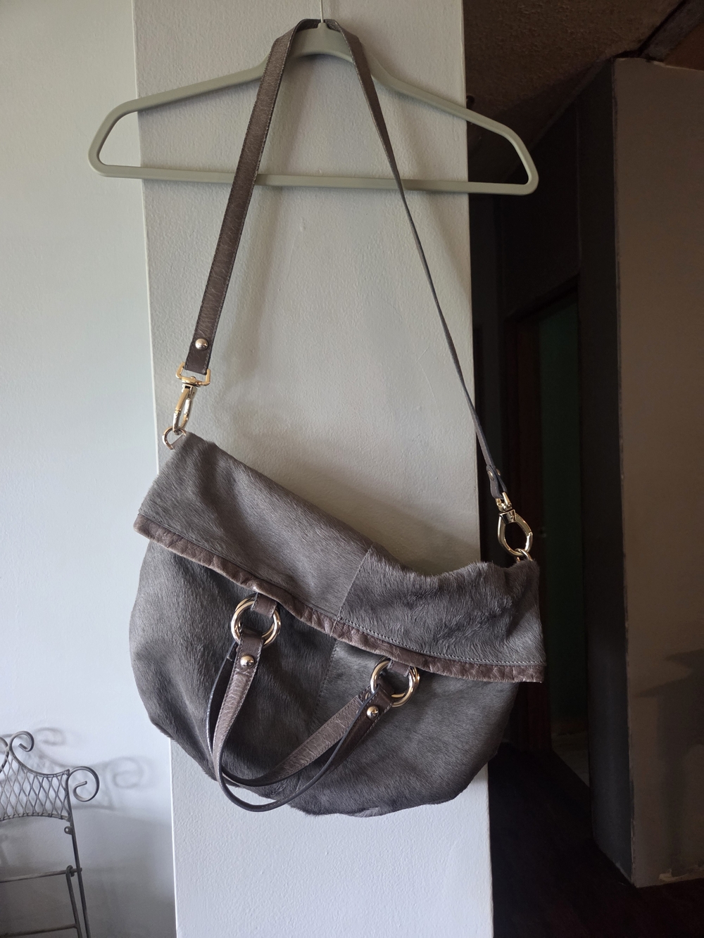 Pulicati Calf Hide Leather Gray Fold-Top Shoulder Bag - Casual Everyday Tote